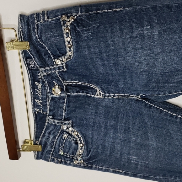 LA Idol White Lace Embellished Boot Cut Jeans Swarovski Crystals Luxury Summer - Picture 7 of 16